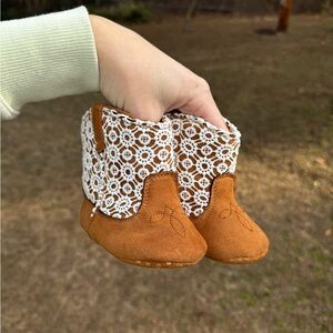 Brown and White lace Baby Moccasins with Crochet Detail